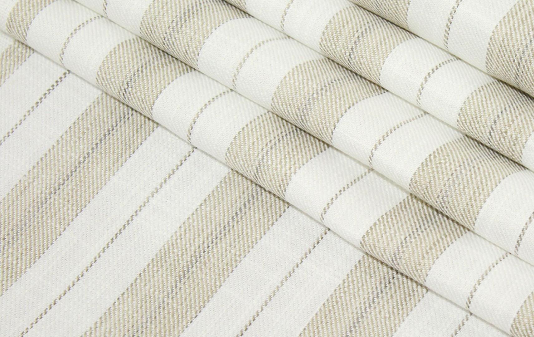 Beige striped 100 % polyester fabric.