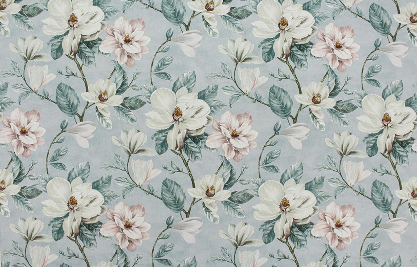 Floral cotton-polyester blend fabric.
