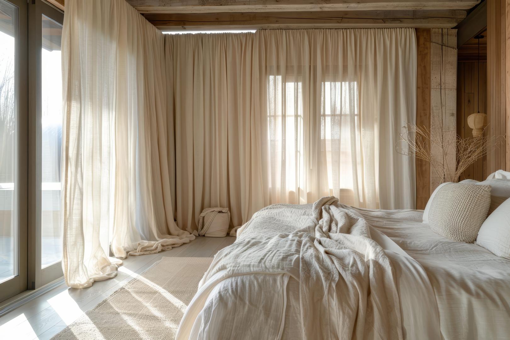 A bedroom with tall windows and linen curtains.