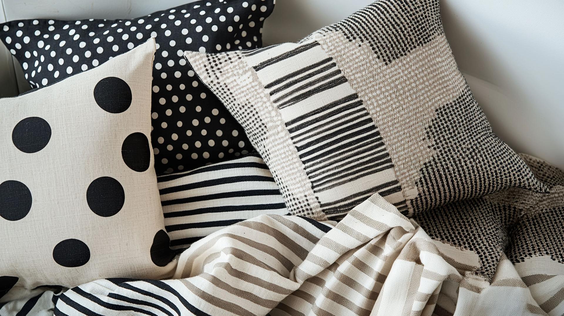 Blankets and pillows in black and white patterns.