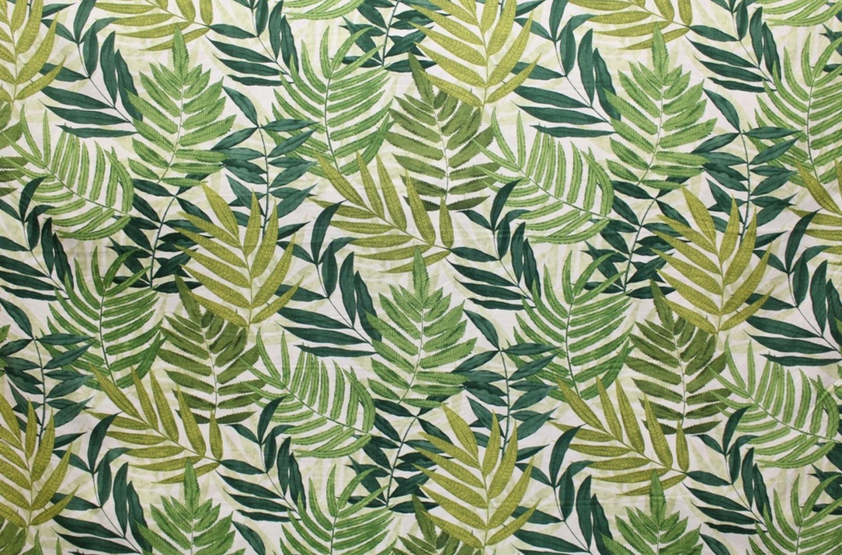 Tropical green patterned upholstery fabric.