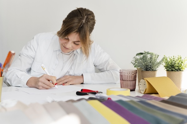 A woman writing down measurements for a custom couch cushion project.