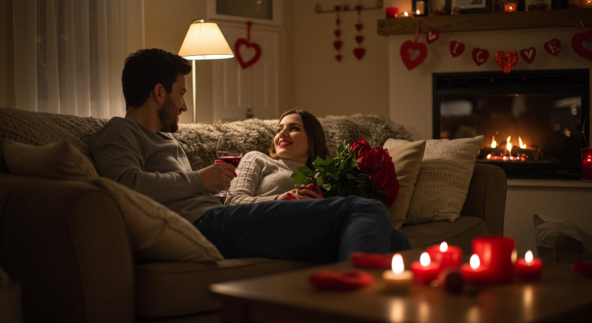 A couple sitting on the couch and having wine in a romantically decorated living room.