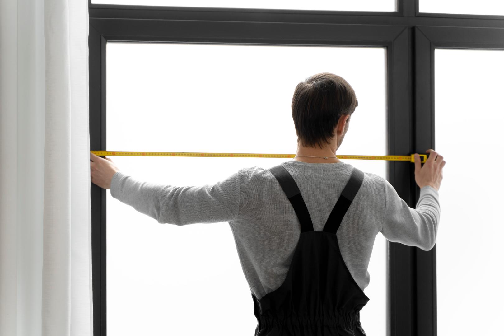 A worker measuring windows.