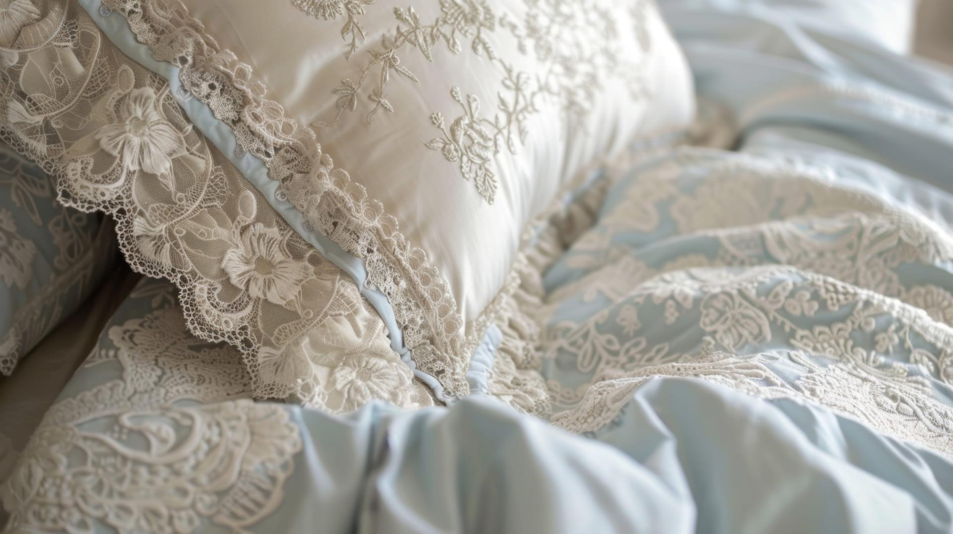 A close up of a pillowcase and blanket in blue and ivory lace.