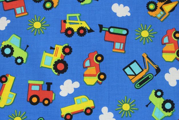 Demolition Trucks Blue 45" Cotton Print