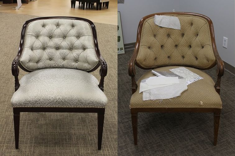 Re-upholstery of a chair before and after image