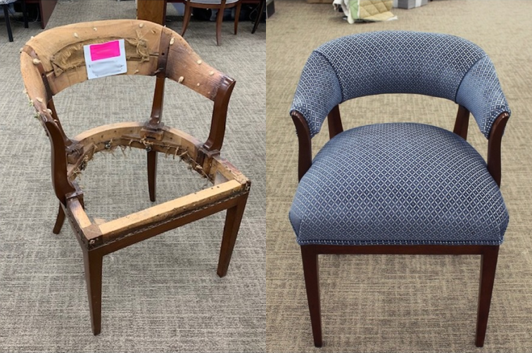 Re-upholstery of a chair before and after image