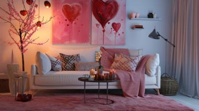A romantic living room decorated in pink and red tones.