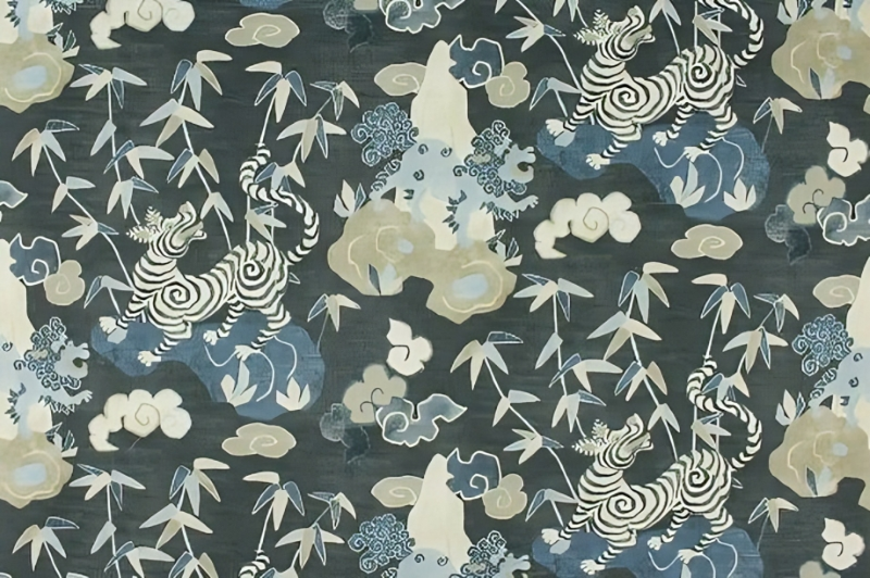 A blue and gray oriental pattern fabric featuring intricate bamboo and floral designs.