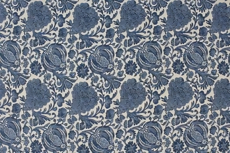 An intricate floral and paisley patterned fabric in shades of blue and beige.