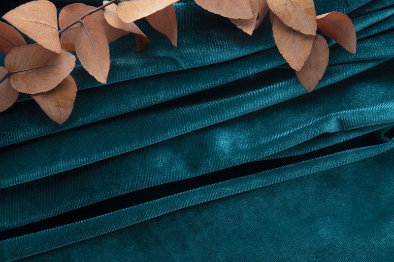 A rich blue velvet fabric featuring an arrangement of brown leaves on top.