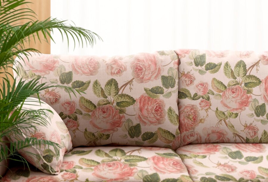 A pink and green floral patterned couch complemented by a plant next to it.