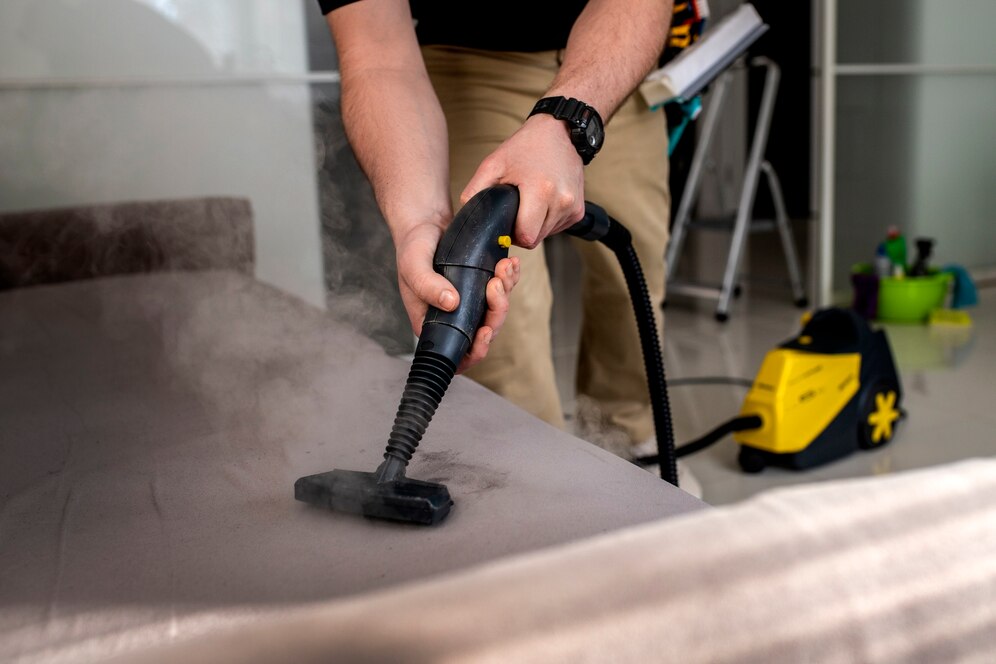 A man cleaning a brown couch with a steam cleaner.